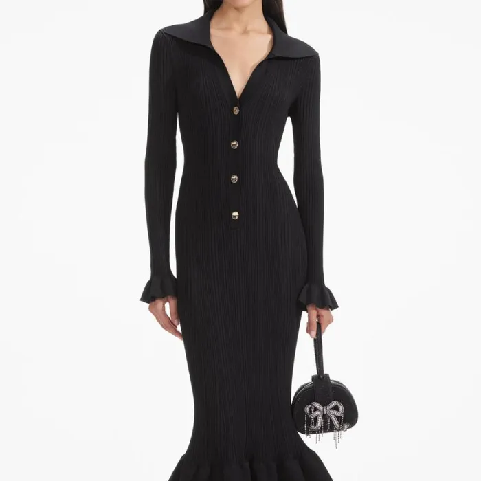 Black Ribbed Knit Fluted Midi Dress Women Self Portrait Dresses Black Ribbed Knit Fluted Midi Dress Women Self Portrait Dresses