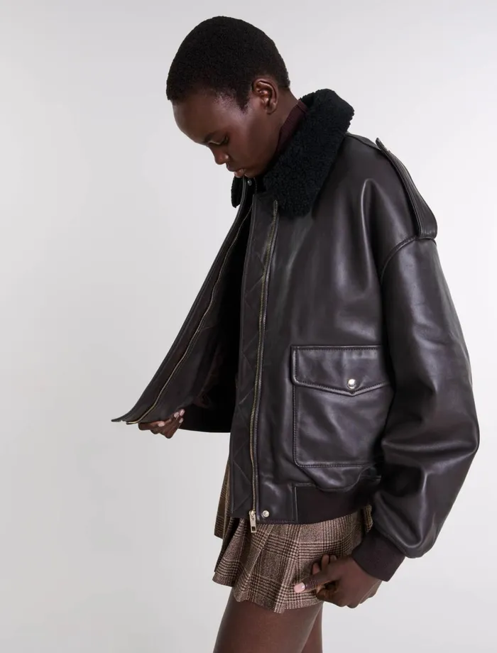 Blazers and Jackets Women Maje Oversized Leather Jacket Brown