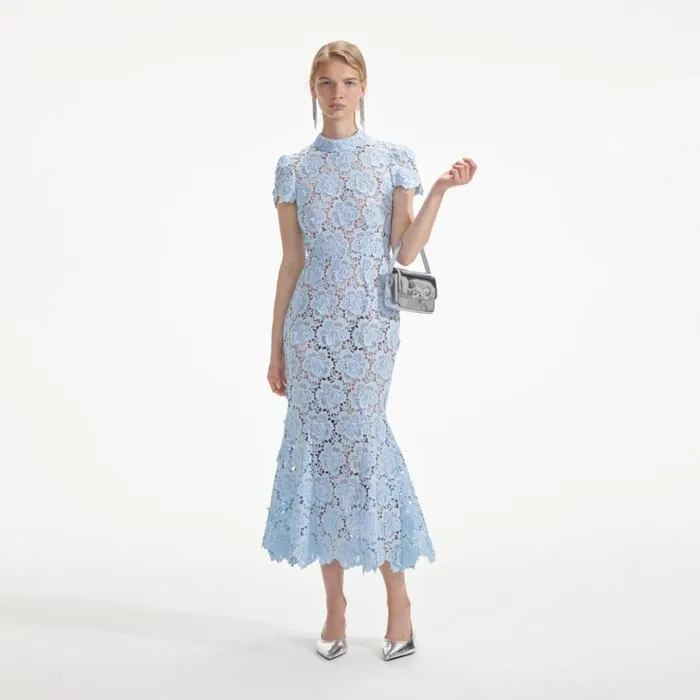 Blue Flower Lace Midi Dress Women Self Portrait Dresses