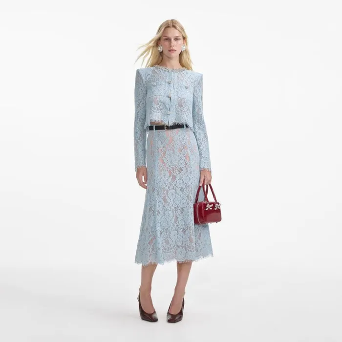 Blue Lace Flared Midi Skirt Women Self Portrait Bottoms