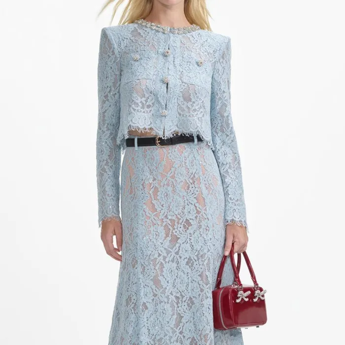 Blue Lace Flared Midi Skirt Women Self Portrait Bottoms Blue Lace Flared Midi Skirt Women Self Portrait Bottoms