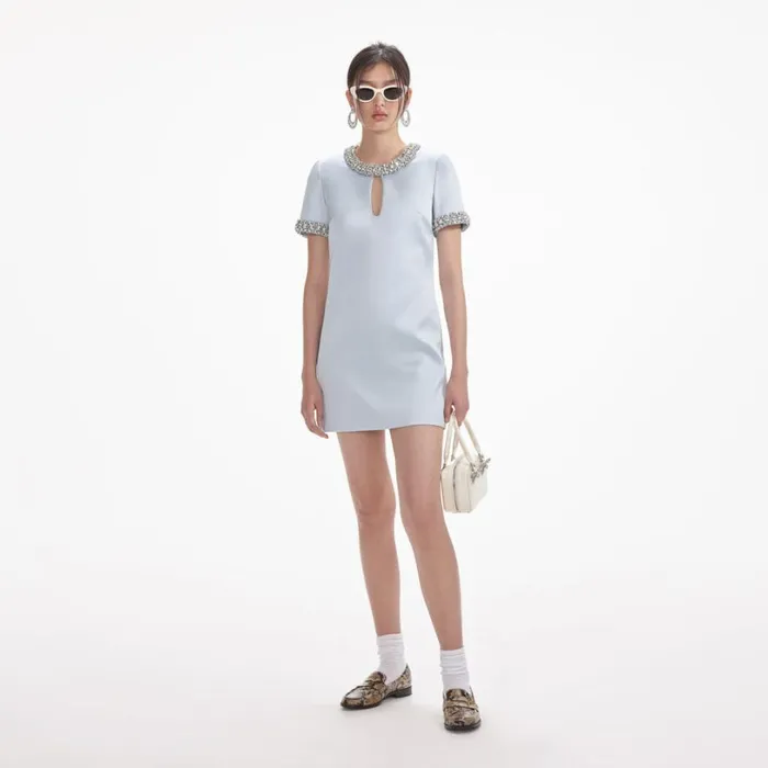 Blue Satin Embellished Mini Dress Women Self Portrait Dresses