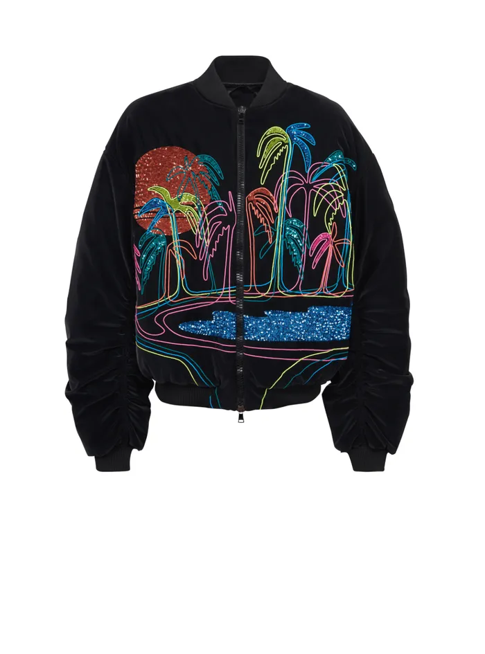 Bomber Jacket With Palm Tree Embroidery Black Men Balmain Outerwear