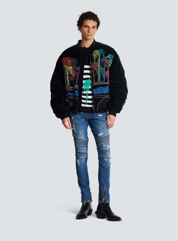 Bomber Jacket With Palm Tree Embroidery Black Men Balmain Outerwear