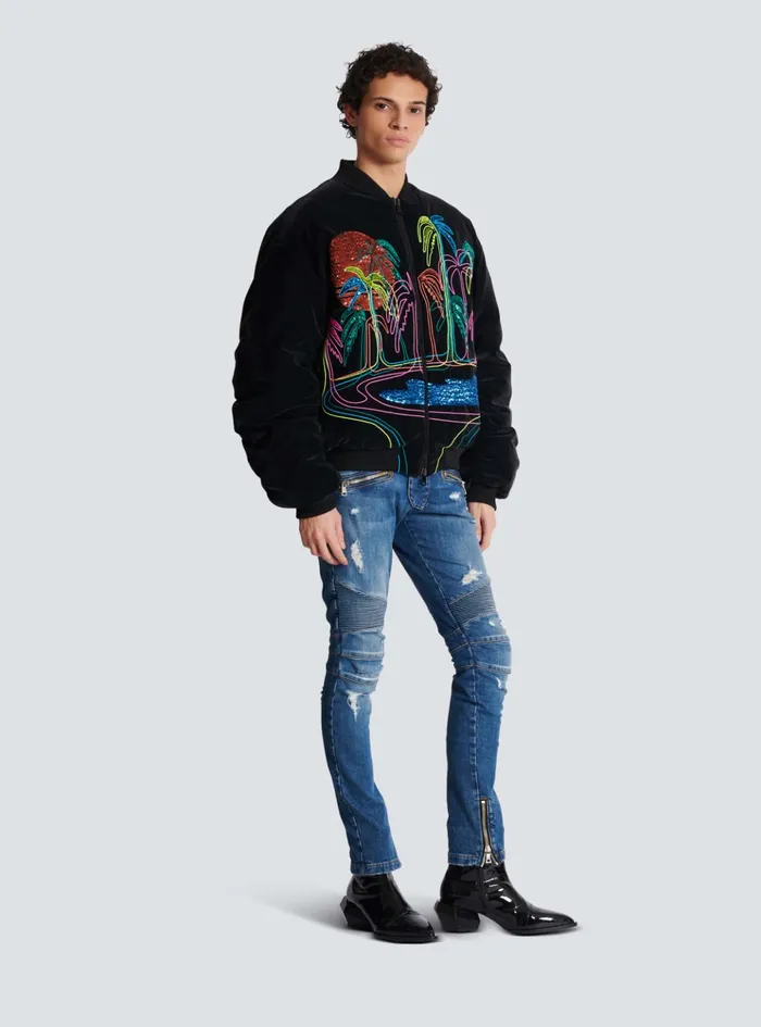 Bomber Jacket With Palm Tree Embroidery Black Men Balmain Outerwear