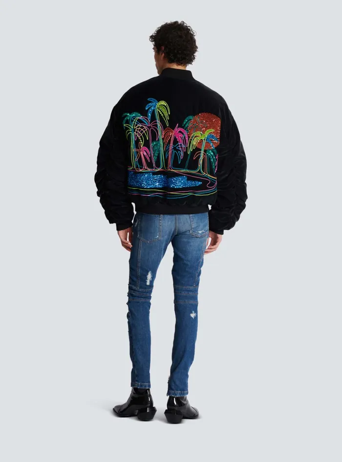 Bomber Jacket With Palm Tree Embroidery Black Men Balmain Outerwear