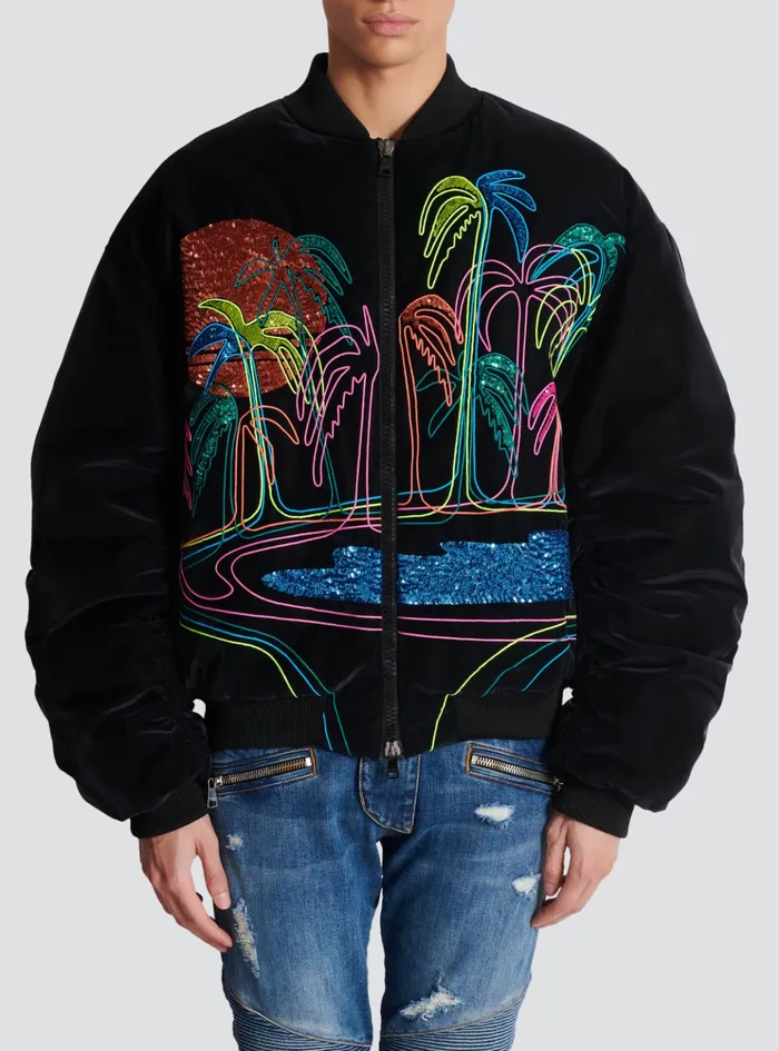 Bomber Jacket With Palm Tree Embroidery Black Men Balmain Outerwear