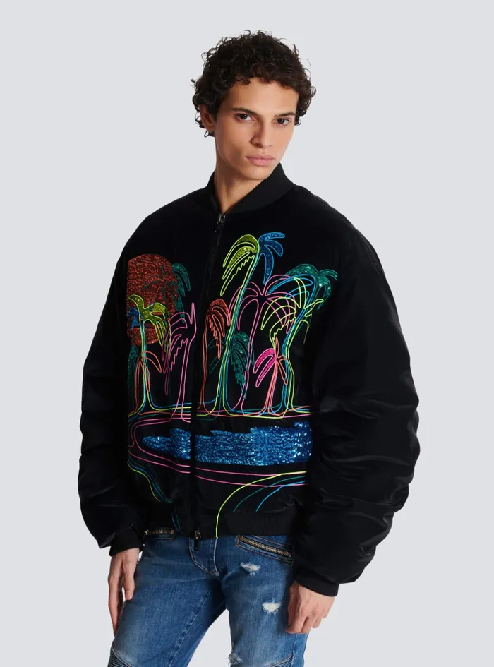 Bomber Jacket With Palm Tree Embroidery Black Men Balmain Outerwear