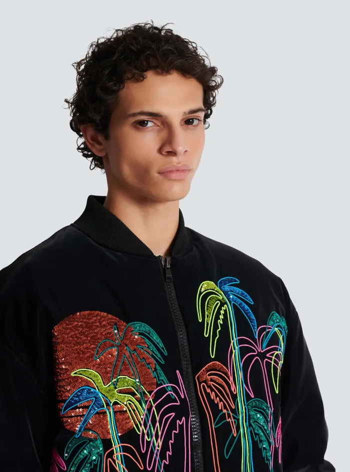 Bomber Jacket With Palm Tree Embroidery Black Men Balmain Outerwear