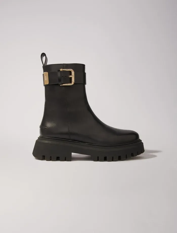 Booties and Boots Women Maje Leather Ankle Boots With Buckles Black