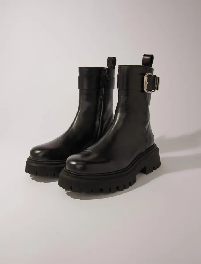 Booties and Boots Women Maje Leather Ankle Boots With Buckles Black