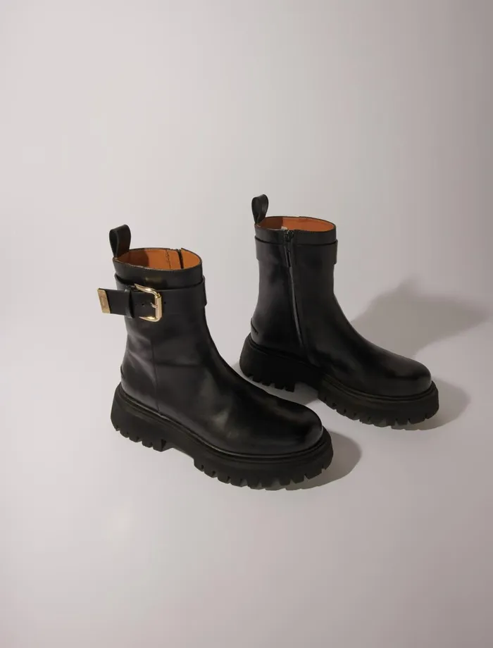 Booties and Boots Women Maje Leather Ankle Boots With Buckles Black