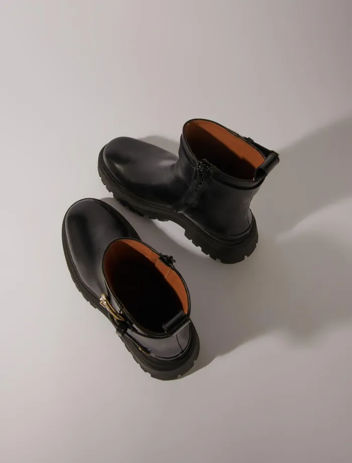 Booties and Boots Women Maje Leather Ankle Boots With Buckles Black