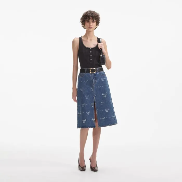 Bow Print Denim Midi Skirt Women Self Portrait Denim