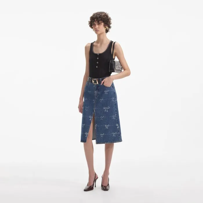 Bow Print Denim Midi Skirt Women Self Portrait Denim Bow Print Denim Midi Skirt Women Self Portrait Denim