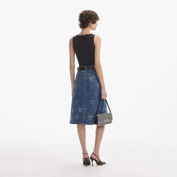 Bow Print Denim Midi Skirt Women Self Portrait Denim Bow Print Denim Midi Skirt Women Self Portrait Denim