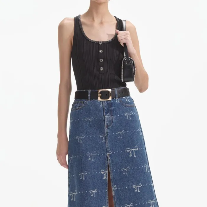 Bow Print Denim Midi Skirt Women Self Portrait Denim Bow Print Denim Midi Skirt Women Self Portrait Denim