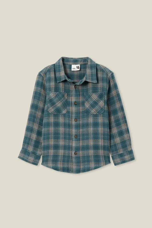 Boys 214 Shirts Cotton On Rugged Long Sleeve Shirt Turtle Greentaupy Brown Waffle Plaid