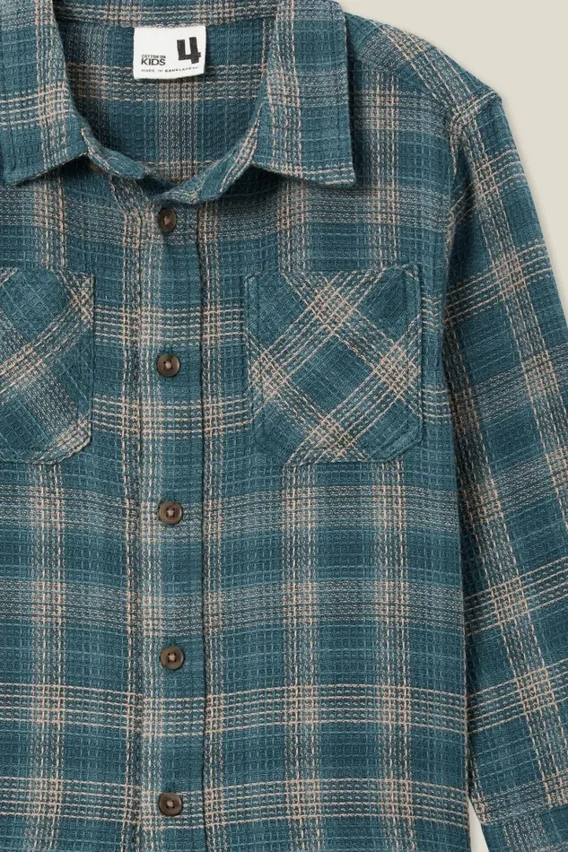 Boys 214 Shirts Cotton On Rugged Long Sleeve Shirt Turtle Greentaupy Brown Waffle Plaid