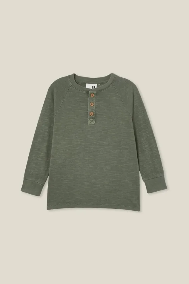 Boys 214 Tops and TShirts Cotton On Hayden Long Sleeve Henley Tee Swag Green Slub