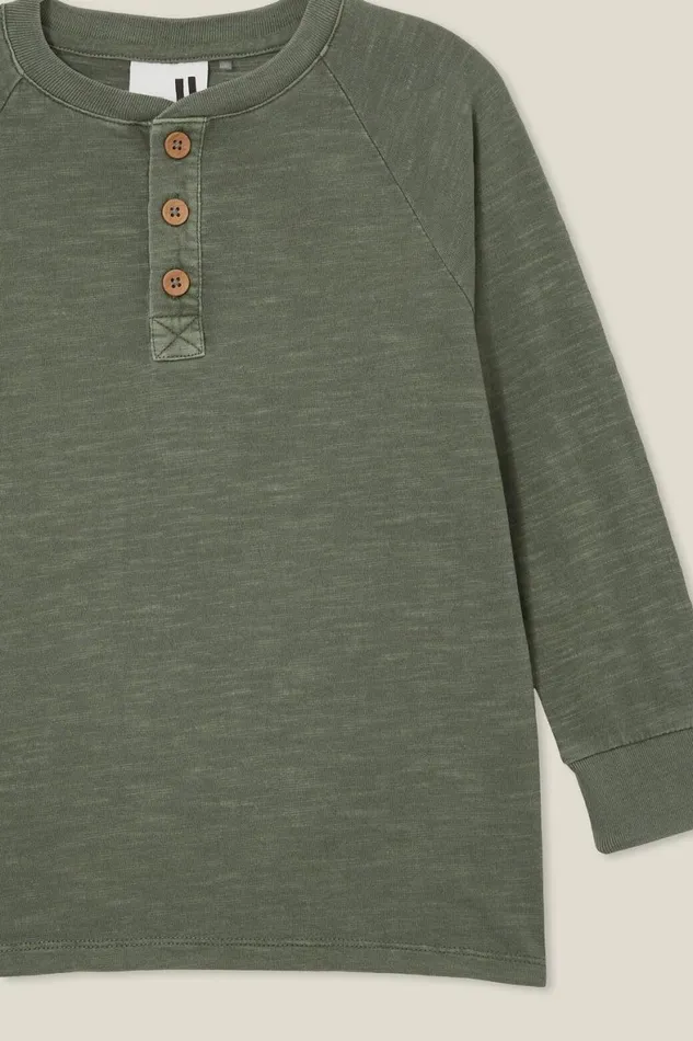 Boys 214 Tops and TShirts Cotton On Hayden Long Sleeve Henley Tee Swag Green Slub