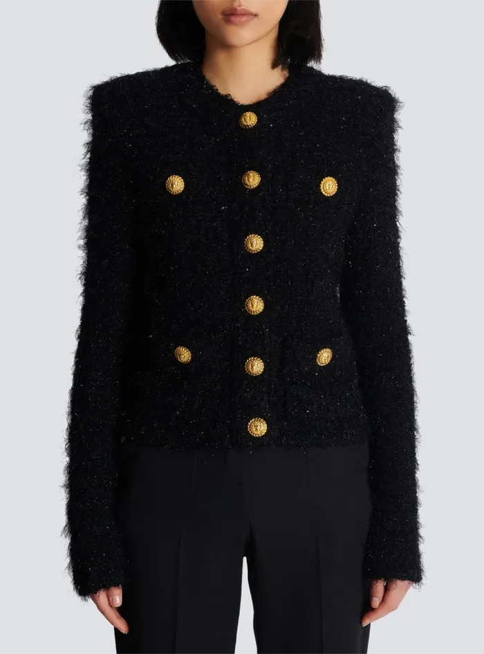 Buttons Tweed Jacket Black Women Balmain Jackets And Blazers