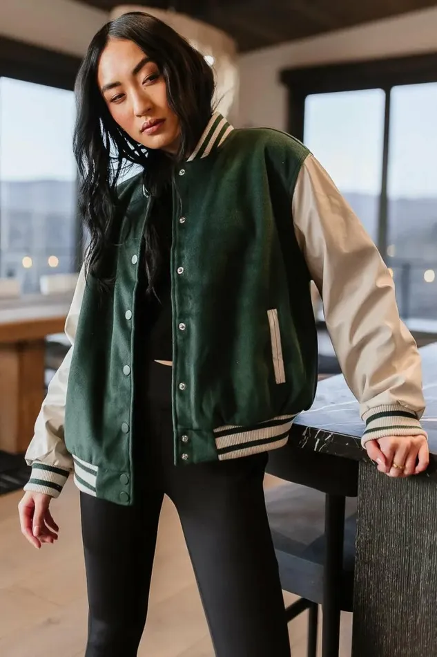 Call The Shots Varsity Jacket In Green Green Women Bohme Outerwear