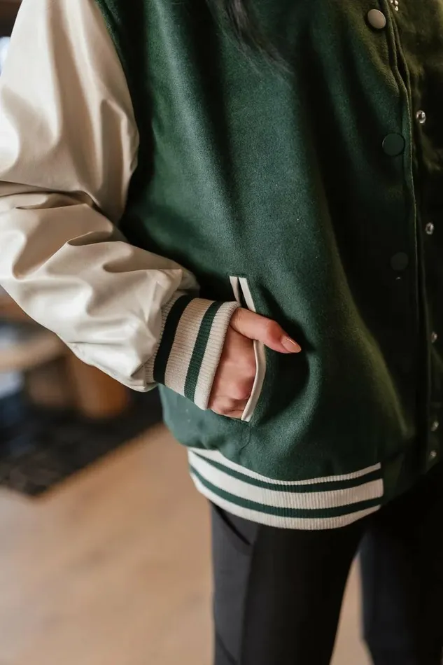 Call The Shots Varsity Jacket In Green Green Women Bohme Outerwear