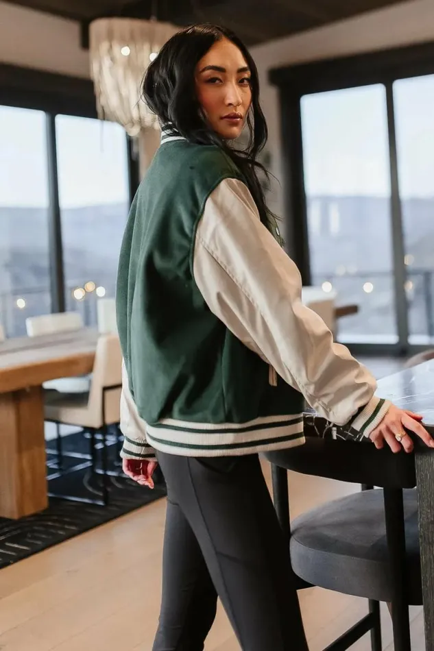 Call The Shots Varsity Jacket In Green Green Women Bohme Outerwear