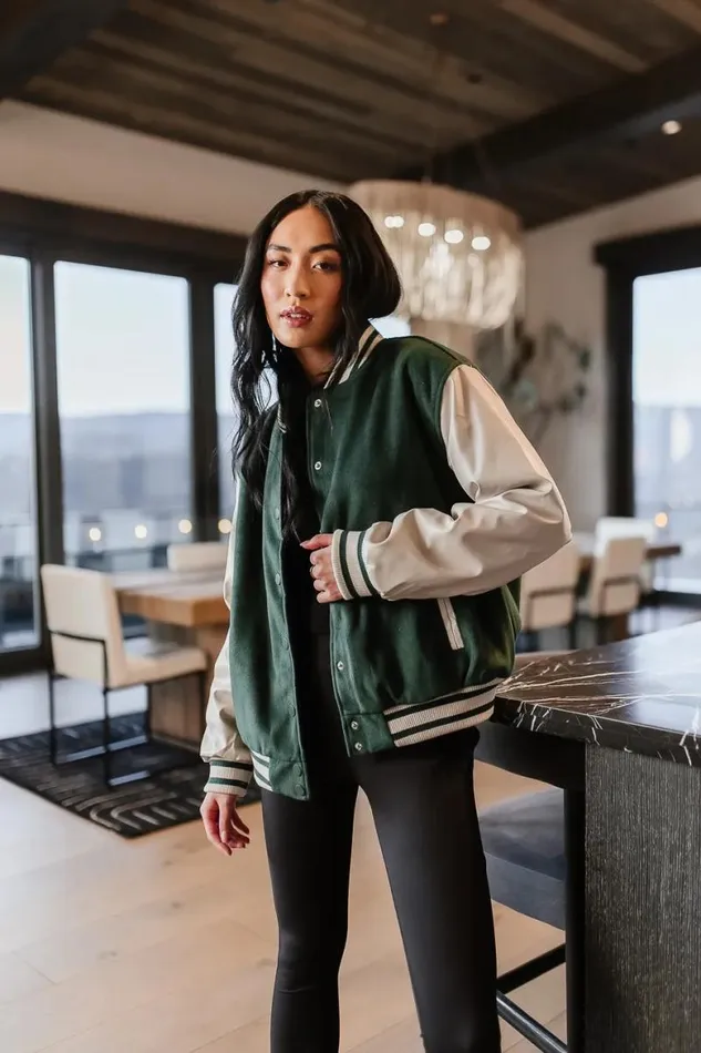 Call The Shots Varsity Jacket In Green Green Women Bohme Outerwear