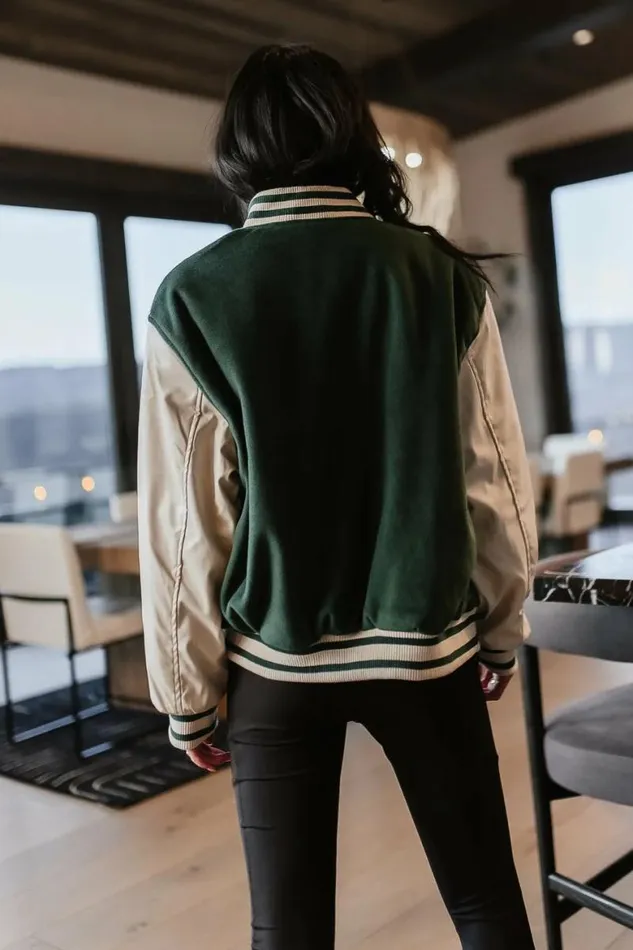 Call The Shots Varsity Jacket In Green Green Women Bohme Outerwear