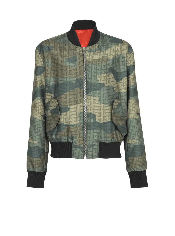 Camouflage Monogrammed Shantung Bomber Jacket Khaki Men Balmain Outerwear