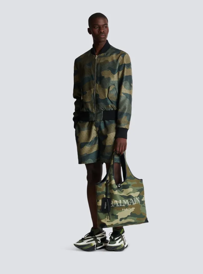 Camouflage Monogrammed Shantung Bomber Jacket Khaki Men Balmain Outerwear