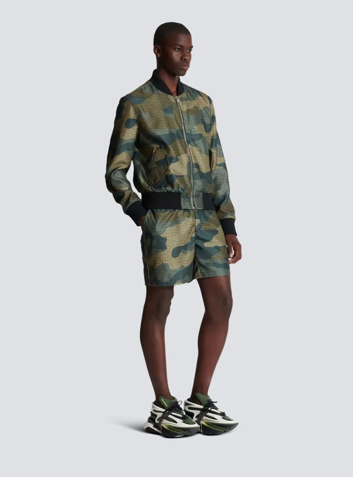 Camouflage Monogrammed Shantung Bomber Jacket Khaki Men Balmain Outerwear