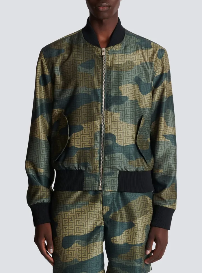 Camouflage Monogrammed Shantung Bomber Jacket Khaki Men Balmain Outerwear
