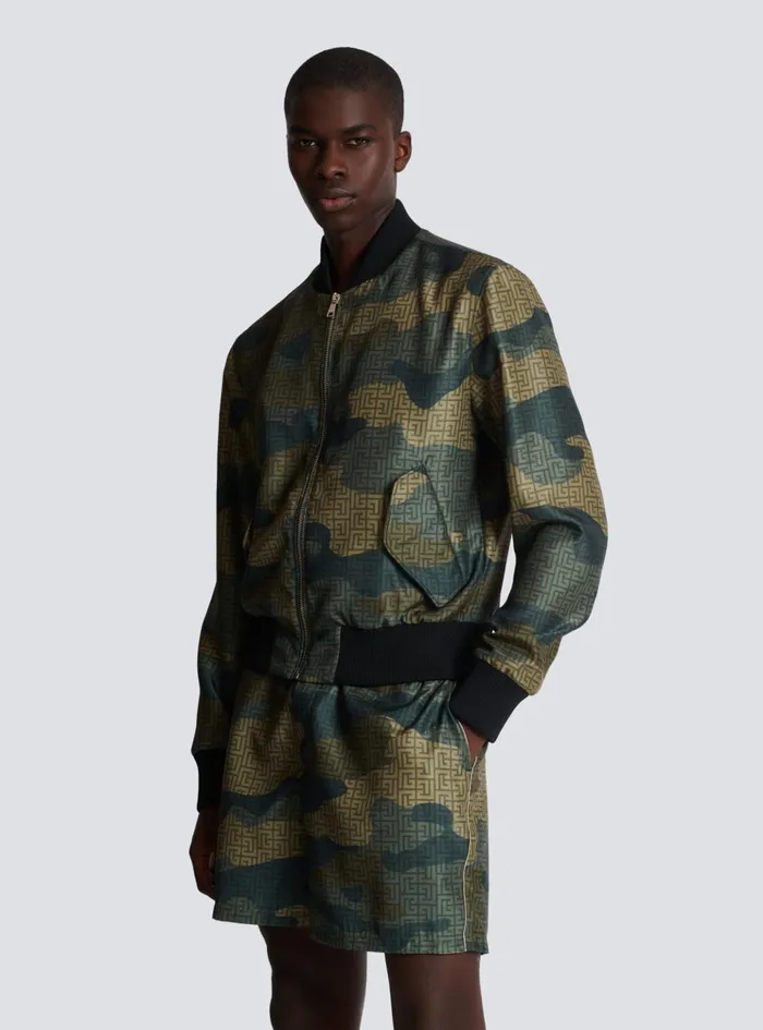 Camouflage Monogrammed Shantung Bomber Jacket Khaki Men Balmain Outerwear