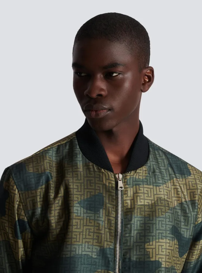 Camouflage Monogrammed Shantung Bomber Jacket Khaki Men Balmain Outerwear