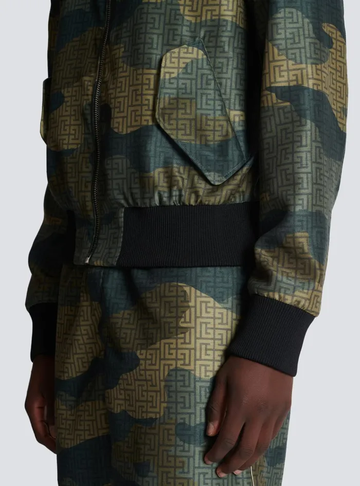 Camouflage Monogrammed Shantung Bomber Jacket Khaki Men Balmain Outerwear