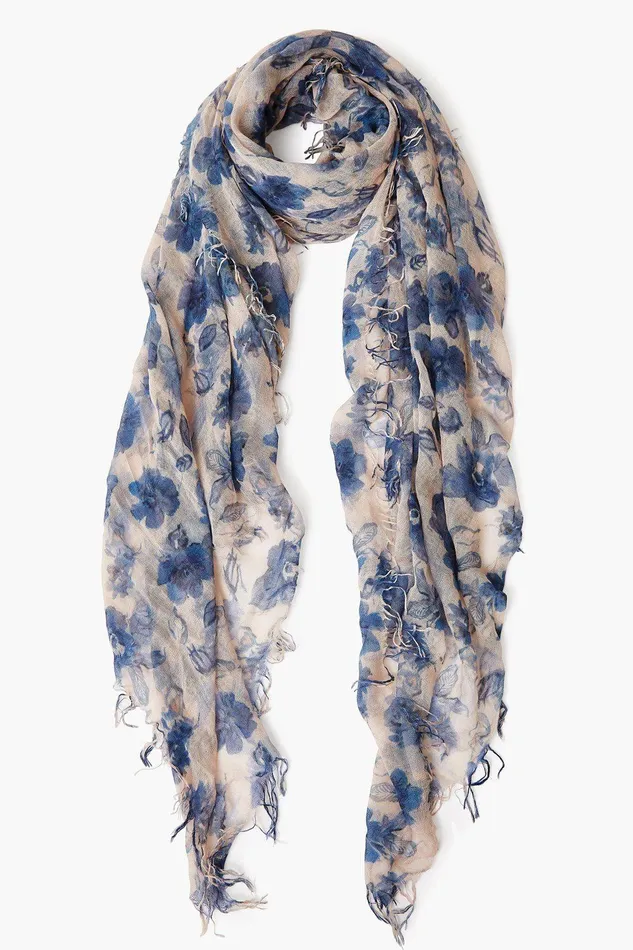 Cashmere And Silk Scarf Indigo Blue French Floral Women Chan Luu Scarves