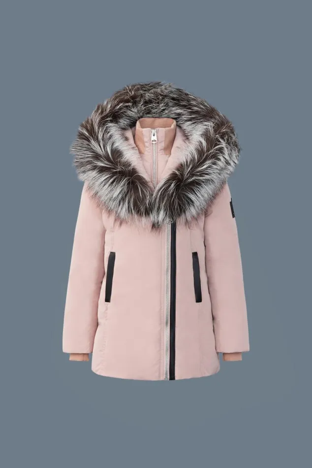 Coats and Jackets Kids Mackage LEELEE Down Coat With Removable Silver Fox Signature Mackage Collar For Kids 814 Years Petal