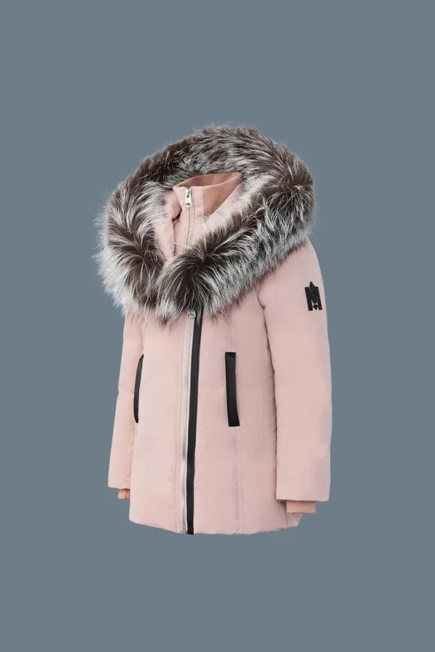 Coats and Jackets Kids Mackage LEELEE Down Coat With Removable Silver Fox Signature Mackage Collar For Kids 814 Years Petal