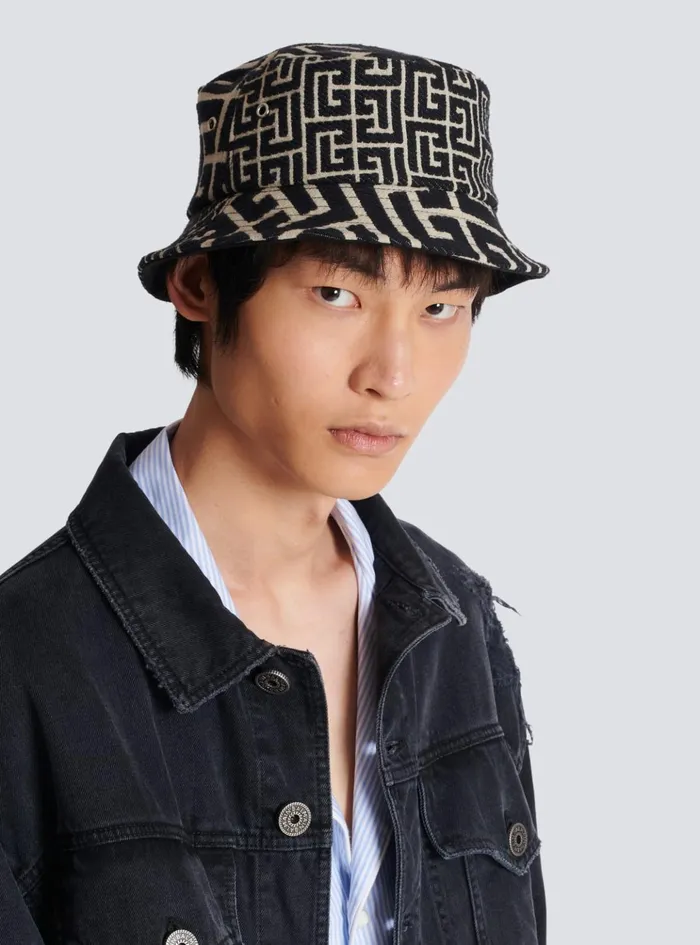 Cotton Canvas Bucket Hat With Paris Logo Black Men Balmain Hats And Caps