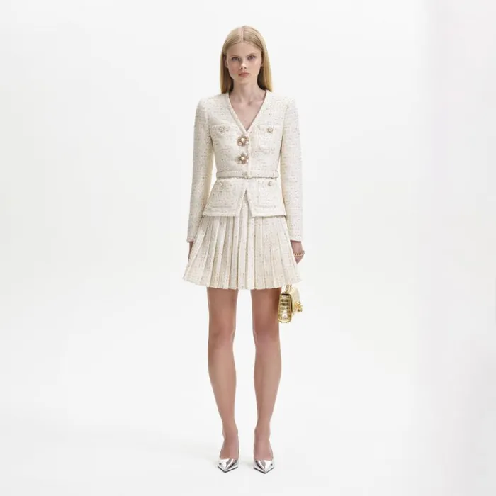 Cream Metallic Boucle Mini Jacket Dress Women Self Portrait Dresses