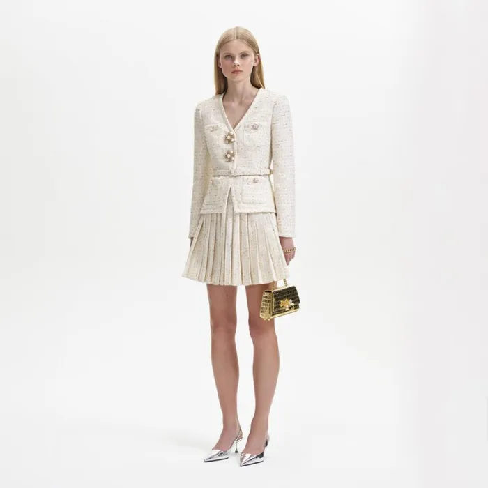 Cream Metallic Boucle Mini Jacket Dress Women Self Portrait Dresses