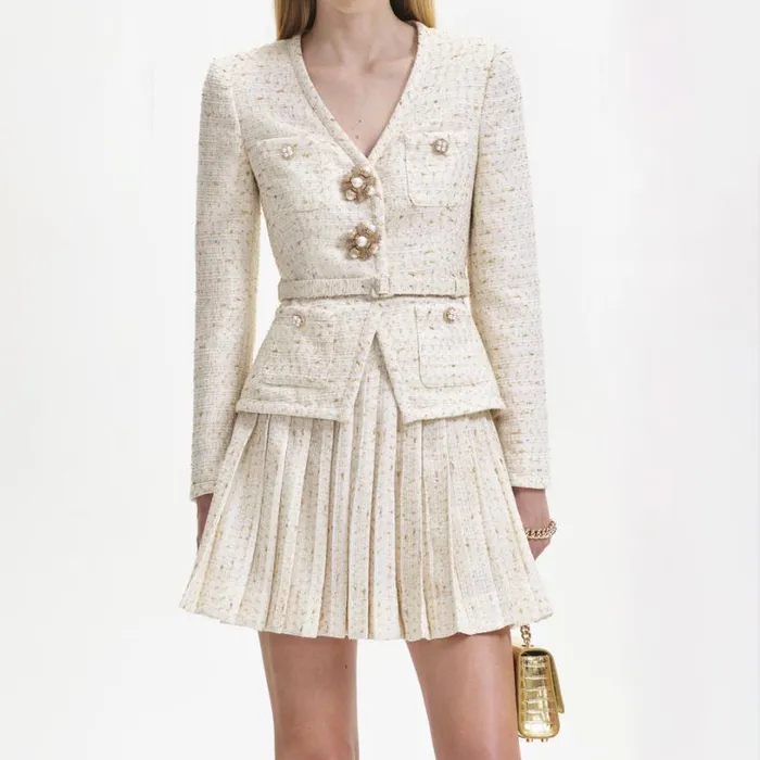 Cream Metallic Boucle Mini Jacket Dress Women Self Portrait Dresses