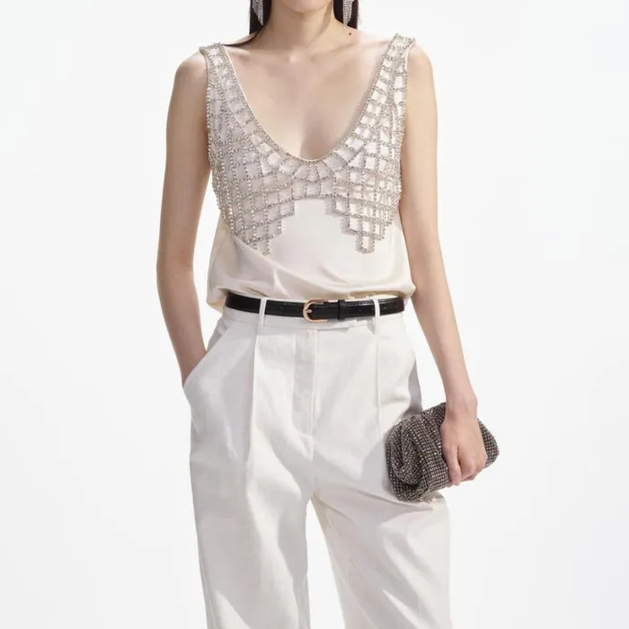 Cream Satin Diamante Bralette Top Women Self Portrait Tops