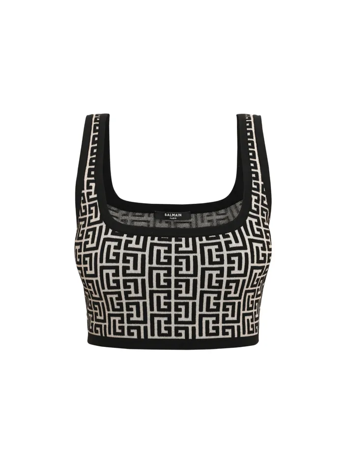 Cropped Bicolor Jacquard Sports Bra Top With Monogram Black Women Balmain Tops And Shirts