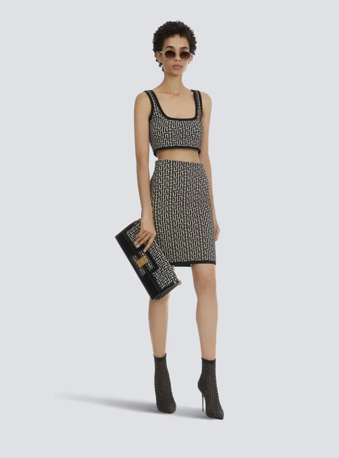 Cropped Bicolor Jacquard Sports Bra Top With Monogram Black Women Balmain Tops And Shirts