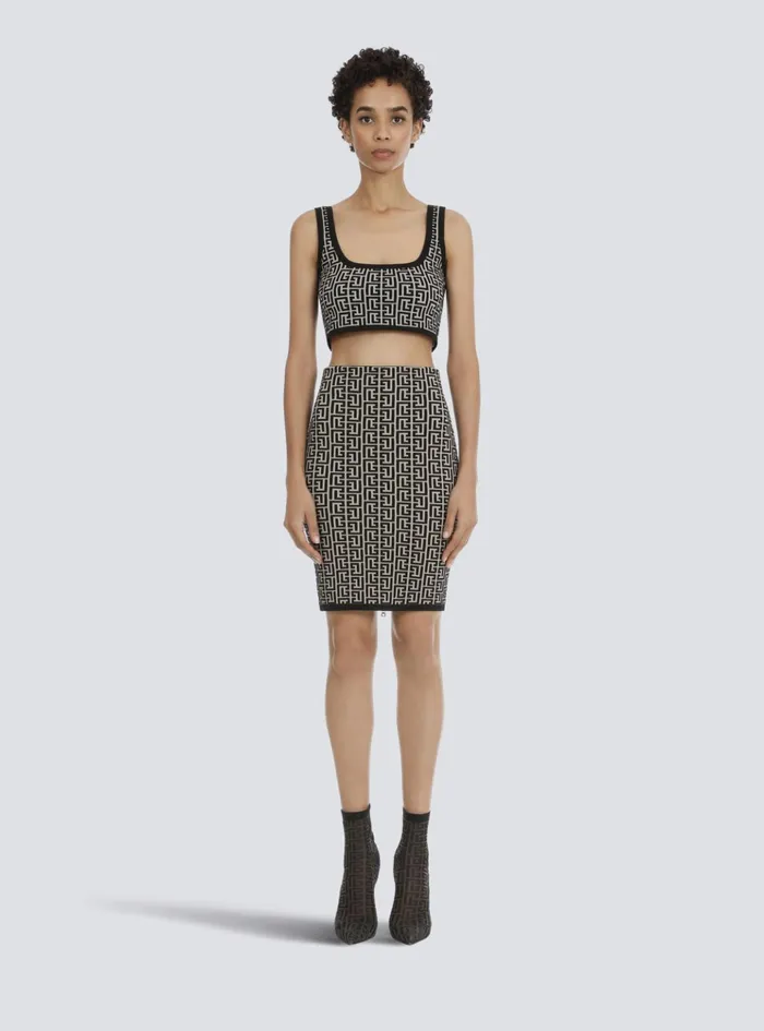 Cropped Bicolor Jacquard Sports Bra Top With Monogram Black Women Balmain Tops And Shirts