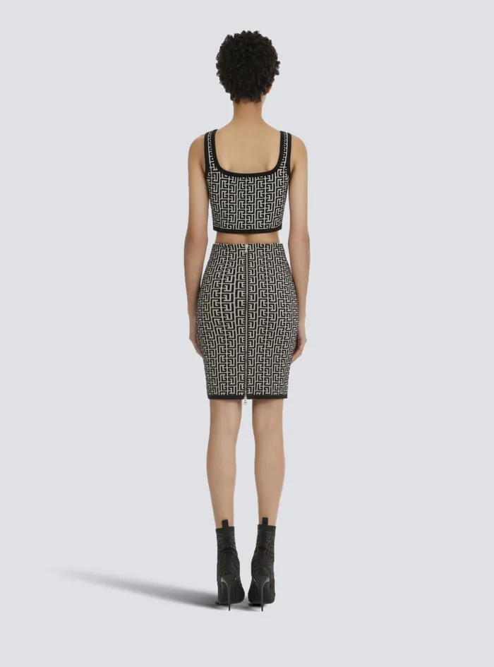 Cropped Bicolor Jacquard Sports Bra Top With Monogram Black Women Balmain Tops And Shirts